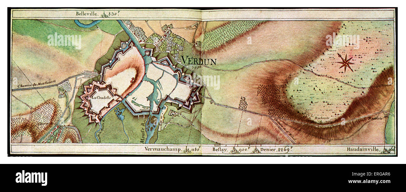 Roadmaps, 18th century France: Verdun and its surroundings in 1755. From collection of maps drawn for King Louis XV by designers from L'Ecole des Ponts-et-Chaussées. Stock Photo