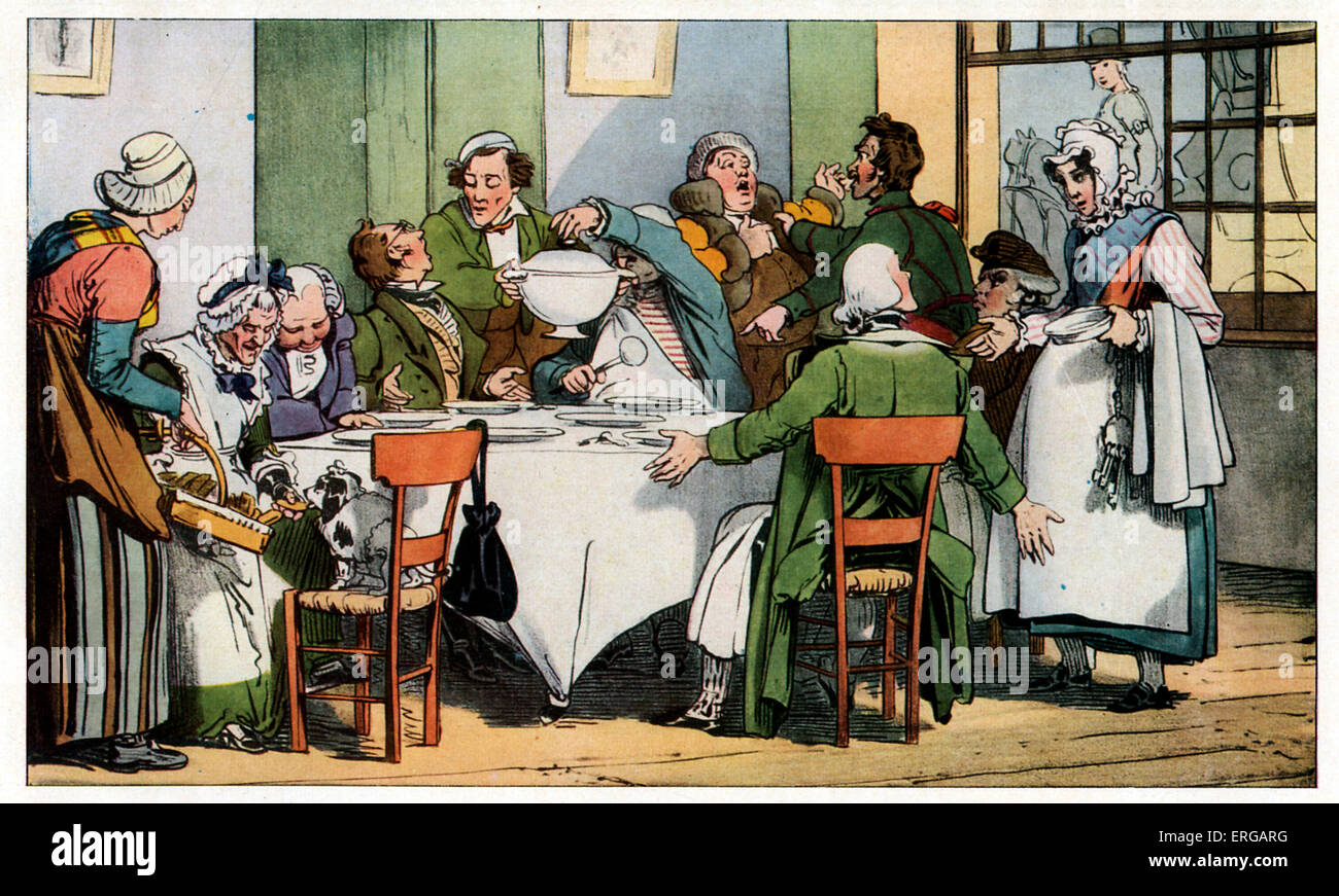 Dining in early 19th century French Inn. Caption reads: 'Inconvenients de la diligence', / The disadvantage of diligence. (also Stock Photo