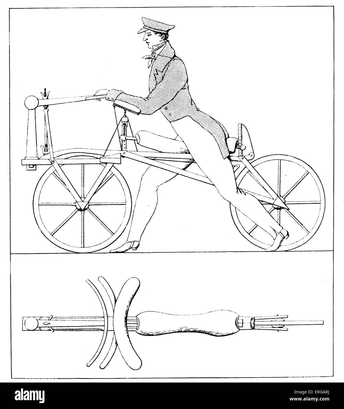 First dandy horse or hobby horse (French: draisienne or draisine or velocipede), two-wheeled man-powered vehicle -  the Stock Photo