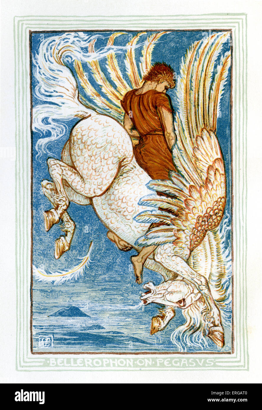 Bellerophon riding Pegasus. Retelling of Greek Myths by Nathaniel Hawthorne (1804 – 1864). Illustrations by Walter Crane 1845 Stock Photo