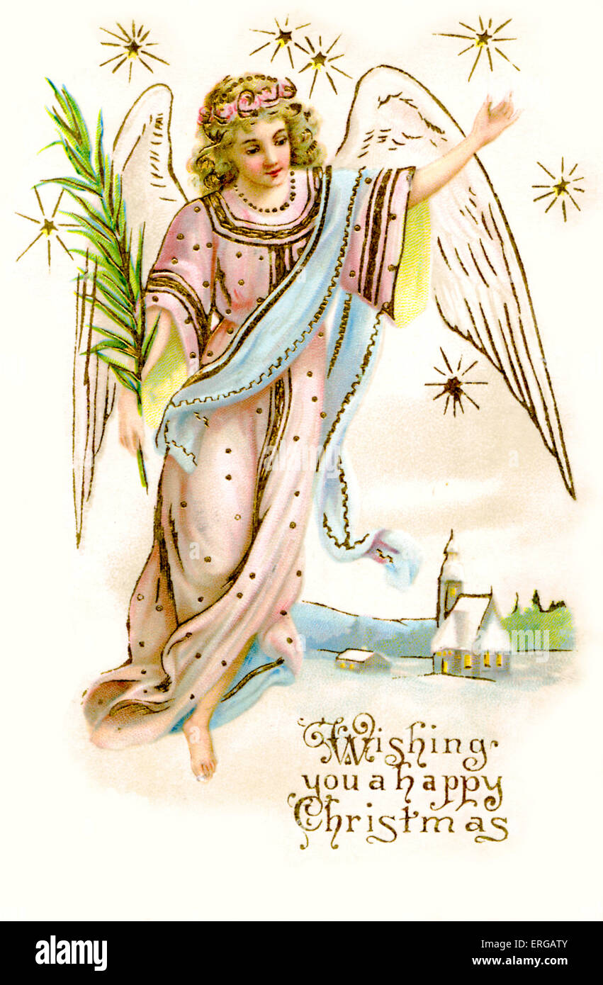 Angel  carrying a palm branch. Christmas greeting card with an angel and a church in the snowy background. 1905. Stock Photo