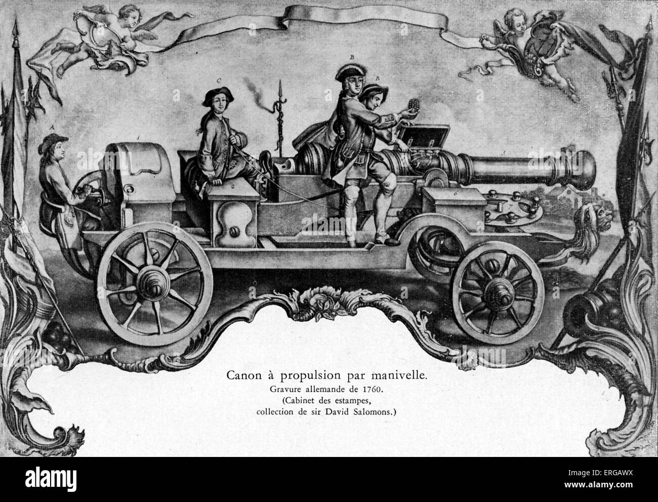 Mobile canon powered by crank handle. (Precursor of a tank.) German engraving, 1760. Stock Photo