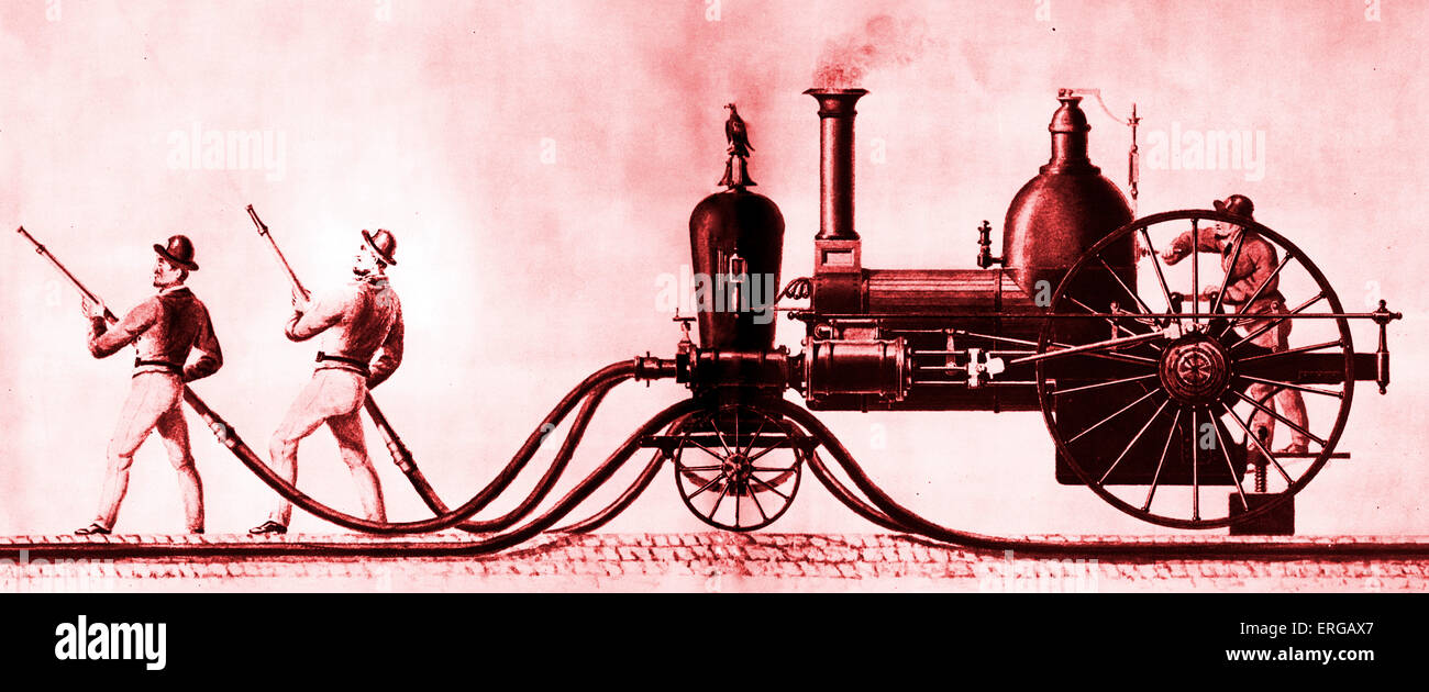 First steampowered fire engine by PaulR. Hodge, New York, 1840 Stock