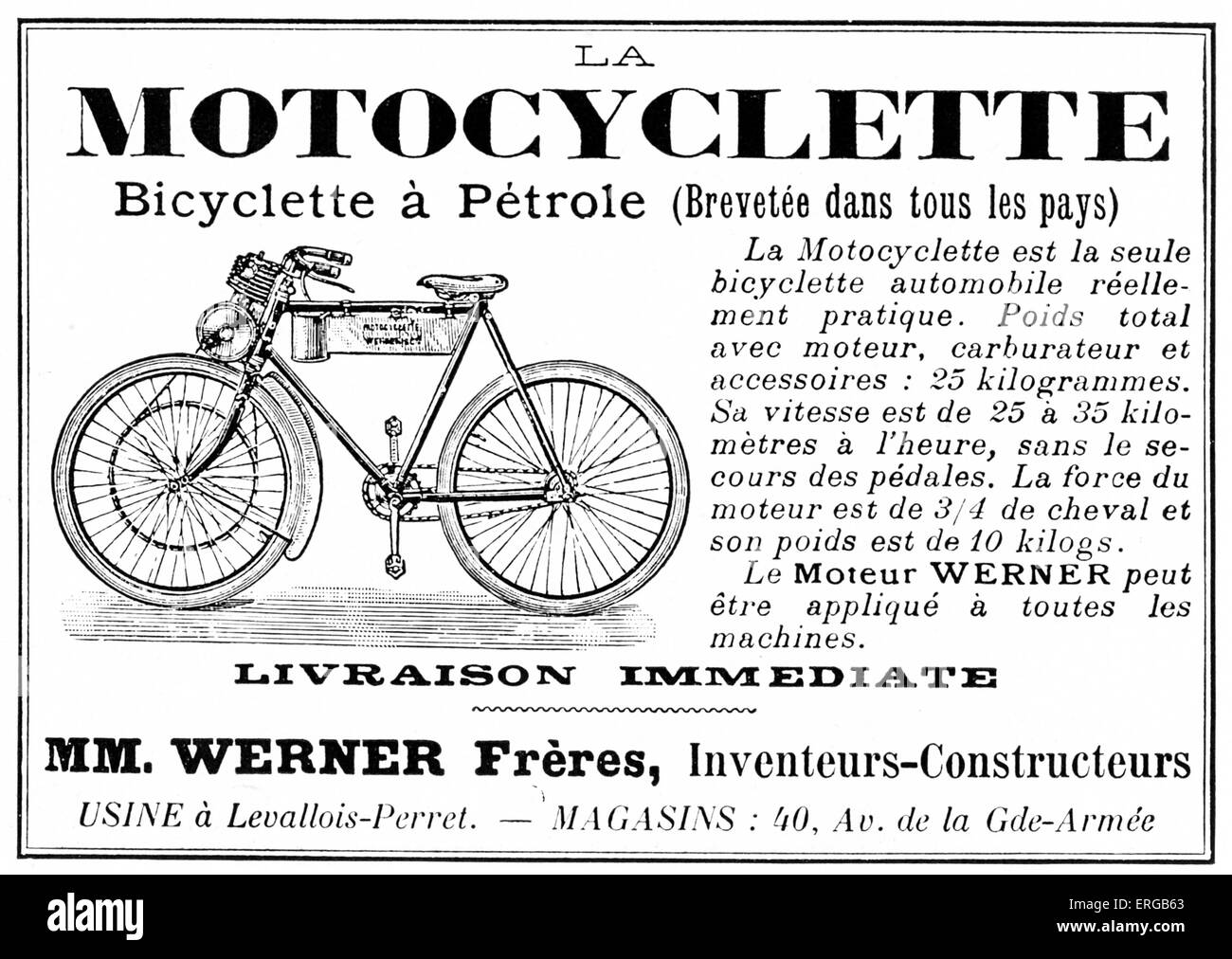 Advertisement for first motorcyclette/  petrol-fuelled bicycle (moped? motorbike?) invented and developed by Michel and Eugene Stock Photo