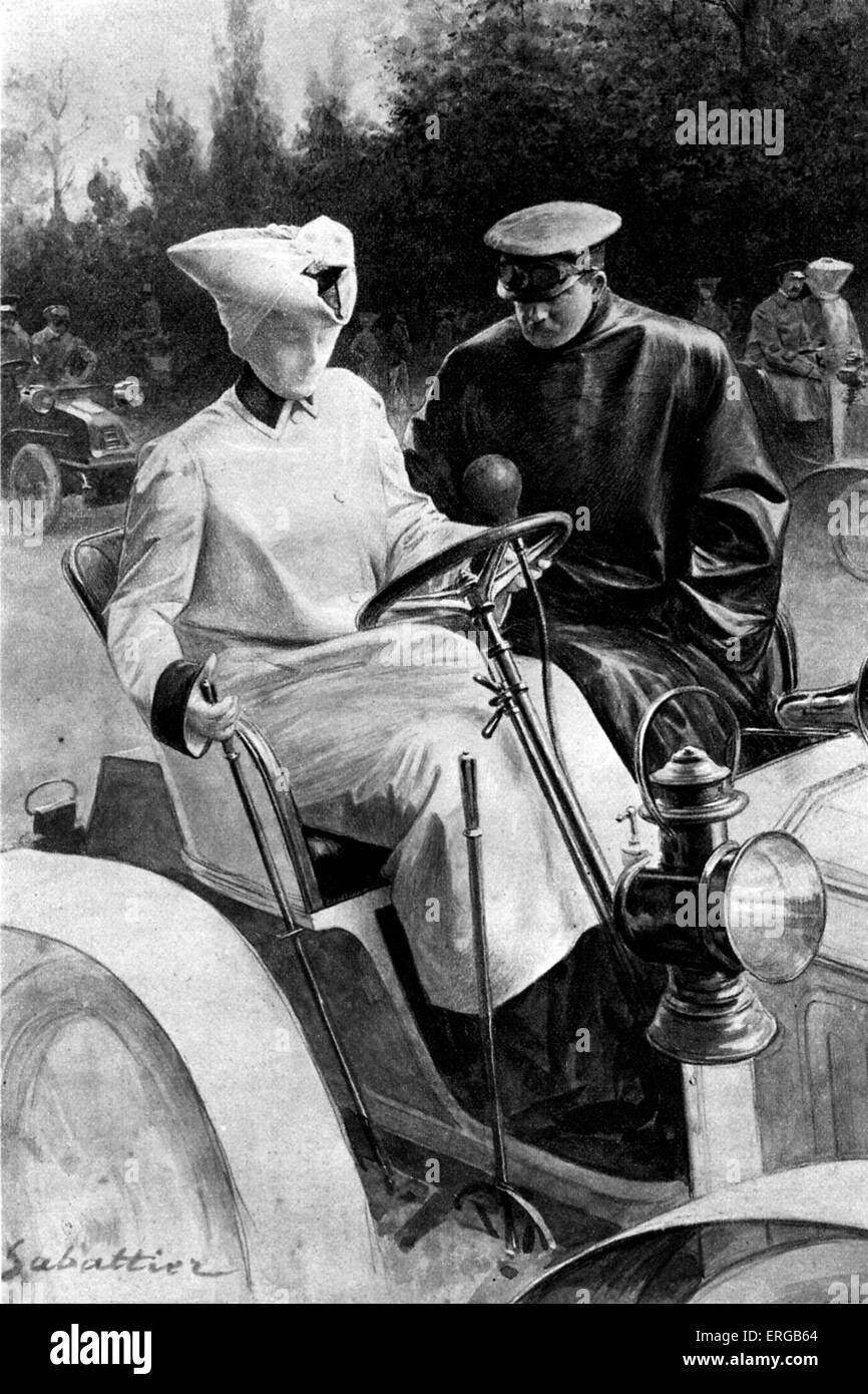 Lady taking her first driving lesson - illustration by  Louis Rémy Sabattier (1863-1935). 1900, France. Note face protection. Stock Photo
