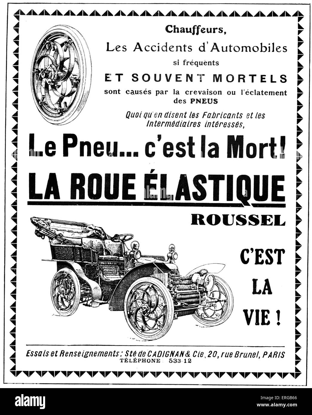 French advertisement promoting  elastic car wheels instead of pneumatic tyres. Published in 'L'Auto' 10 July 1904. The text Stock Photo