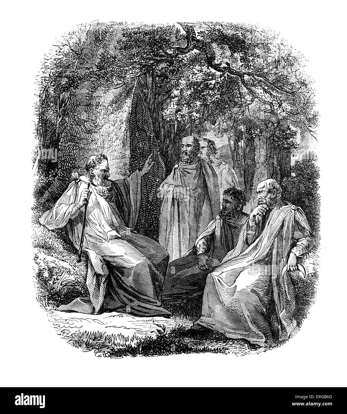 Arch-druid and druids sitting together. A druid was a member of the priestly class in Britain, Ireland, and Gaul,  during the Stock Photo