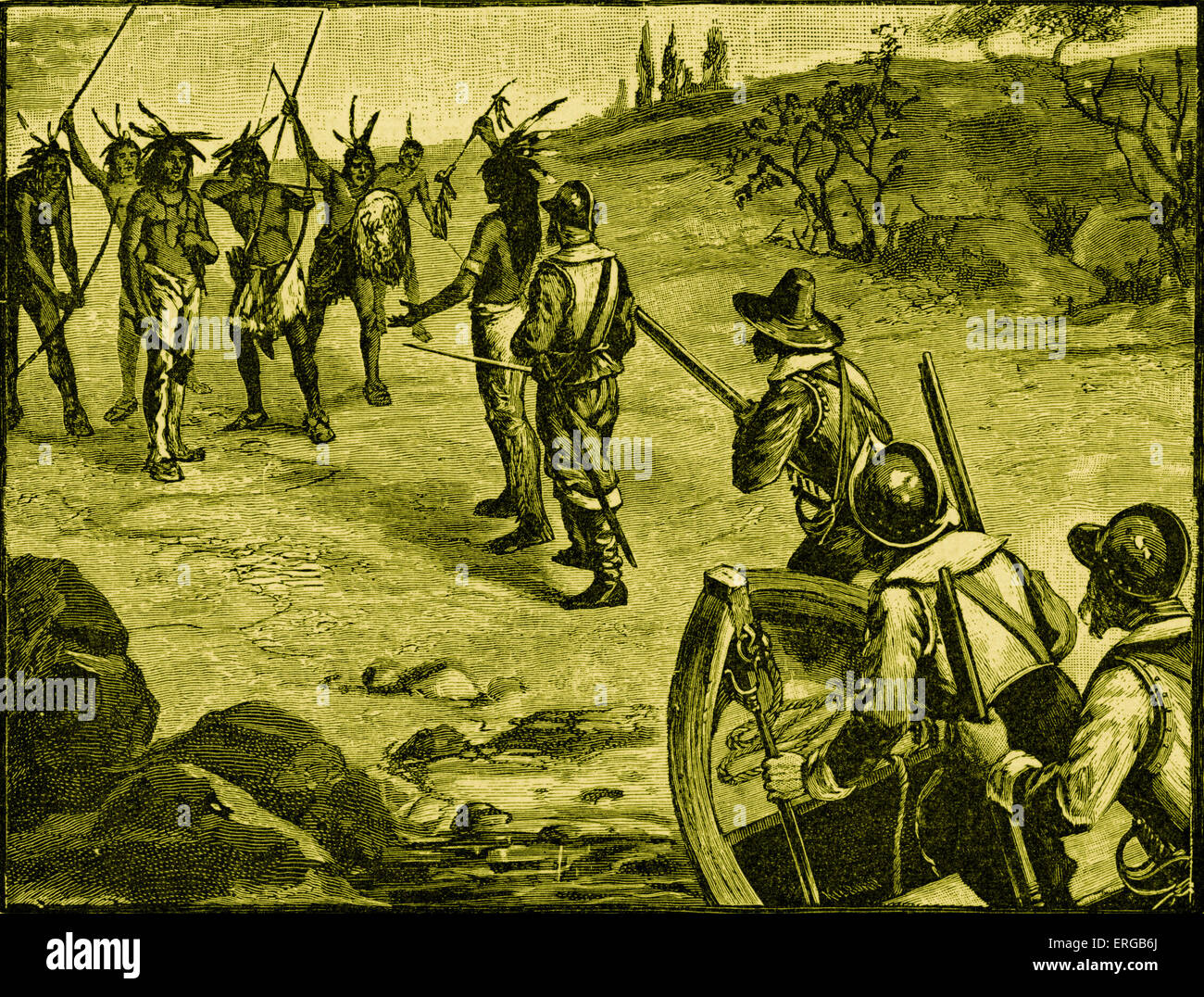 Puritan English colonists in the Americas, confronted by a Native American tribe, as illustrated in Elbridge Streeter Brooks' Stock Photo