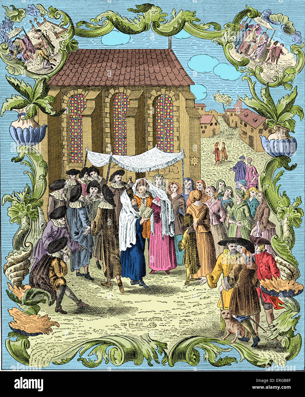 Jewish wedding ceremony under marriage canopy (huppah, chuppah, chuppa) amongst the German (Ashkenazi ) Jews.Published in 1748 Stock Photo - Alamy