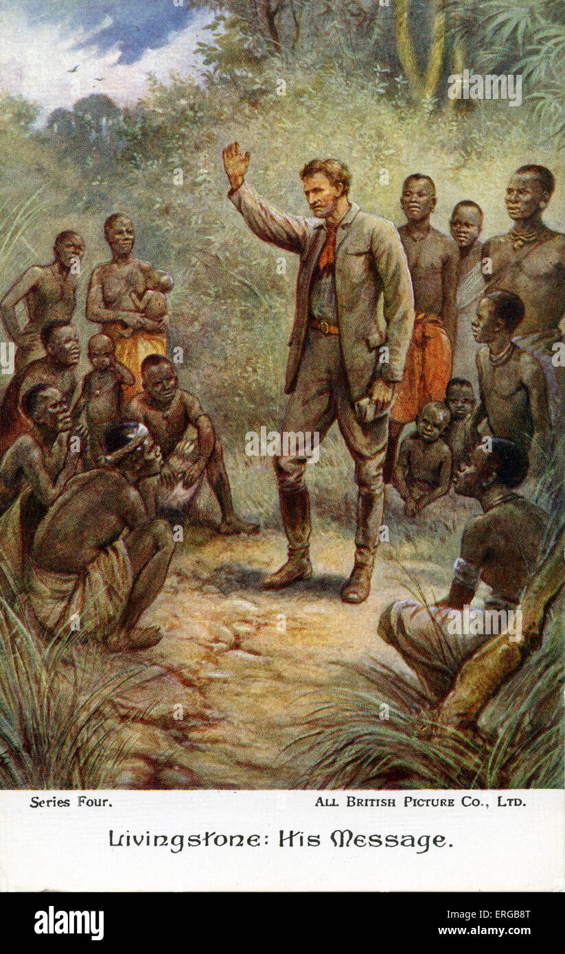 David Livingstone in the African continent. Caption reads: 'Livingstone: His Message'. D. Livingstone: Scottish medical Stock Photo