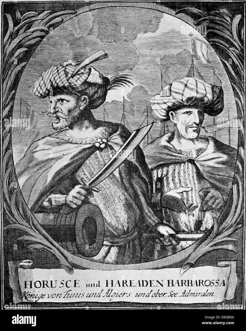 Khizr and Aruj Barbarossa ( Kheyr-Ed-Din Barbarossa / Hayreddin Barbarossa or Barbarossa Hayreddin Pasha. (Barbarossa means Stock Photo