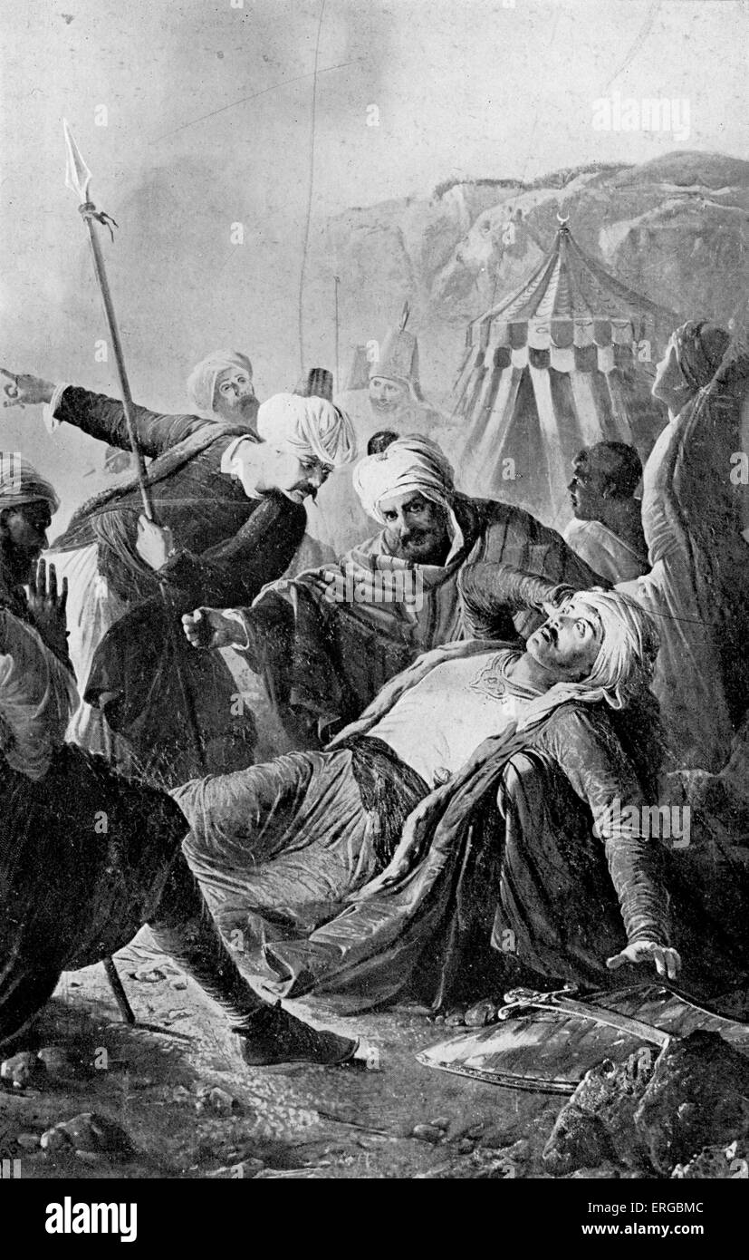 Death of Dragut at seige of Malta after painting by Giuseppe Cali 1867. Turkish name was Turgut Reis (1485 – 23 June 1565)  - Stock Photo