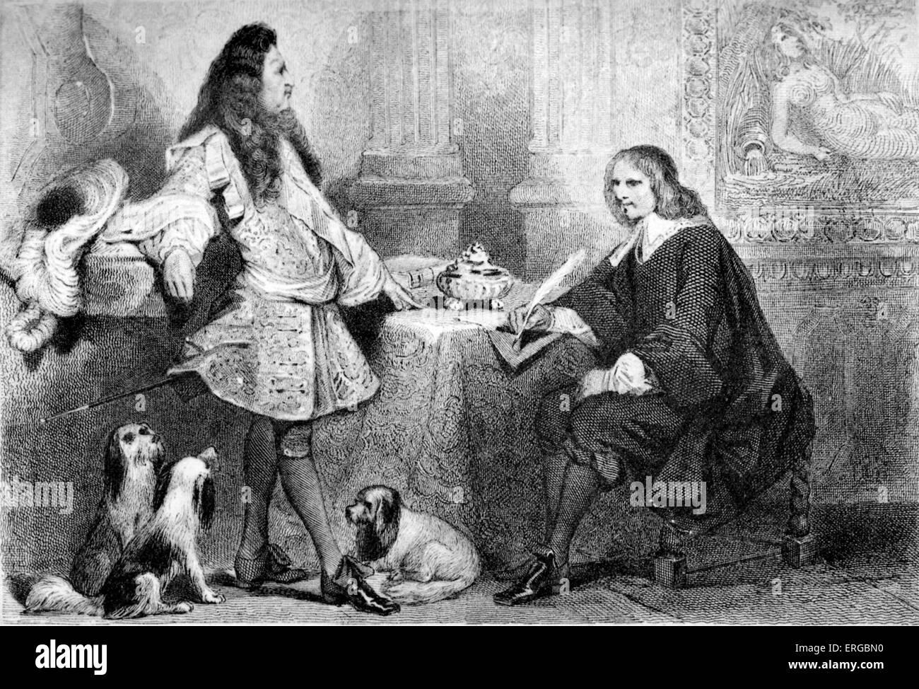 Antique Illustration Moliere At Breakfast With Louis Xiv Stock