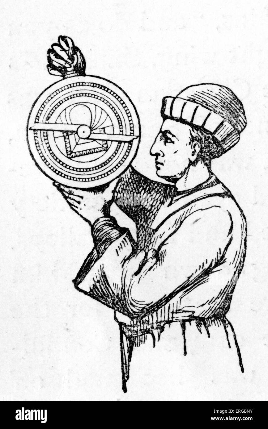 Observation with astrolabe. Early navigational/astronomical instrument used to determine latitute/longitude of position Stock Photo