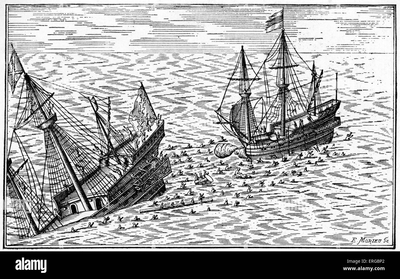 Engagement between Spanish galleon and Dutch ship (16th century) Stock Photo