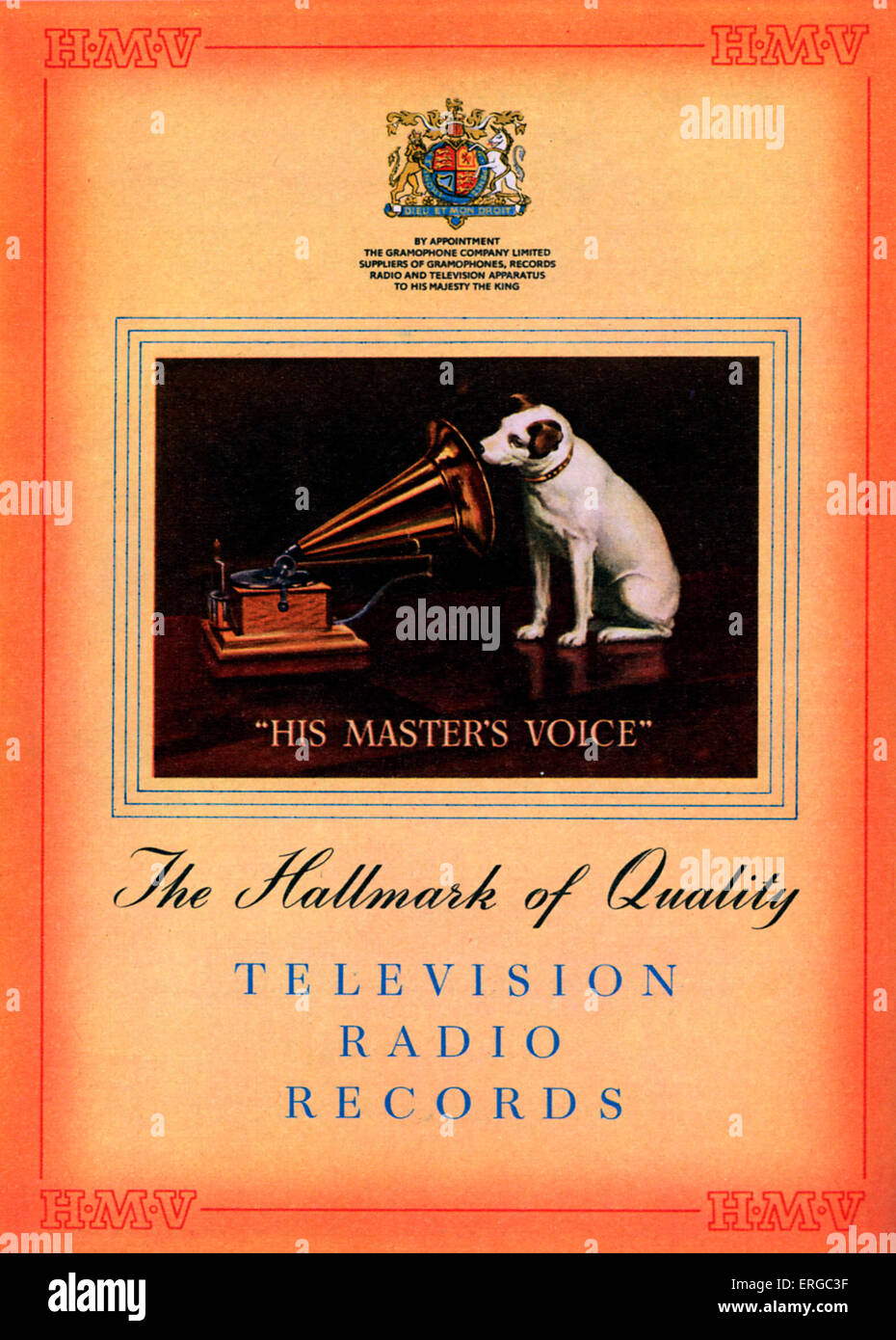 Advertisement for His Masters Voice, HMV. Classic logo of dog listening to his masters voice. Captions reads 'The hall mark of quality, television, radio, records.' Source 1951. Taken from painting by Francis Barraud of his brother's dog, Nipper, listening to recording of his dead master on cylinder phonograph. Bought by The Gramophone Company and used as publicity from 1900. Image later modified and simplified to reflect The Gramophone Company's machines. Stock Photo