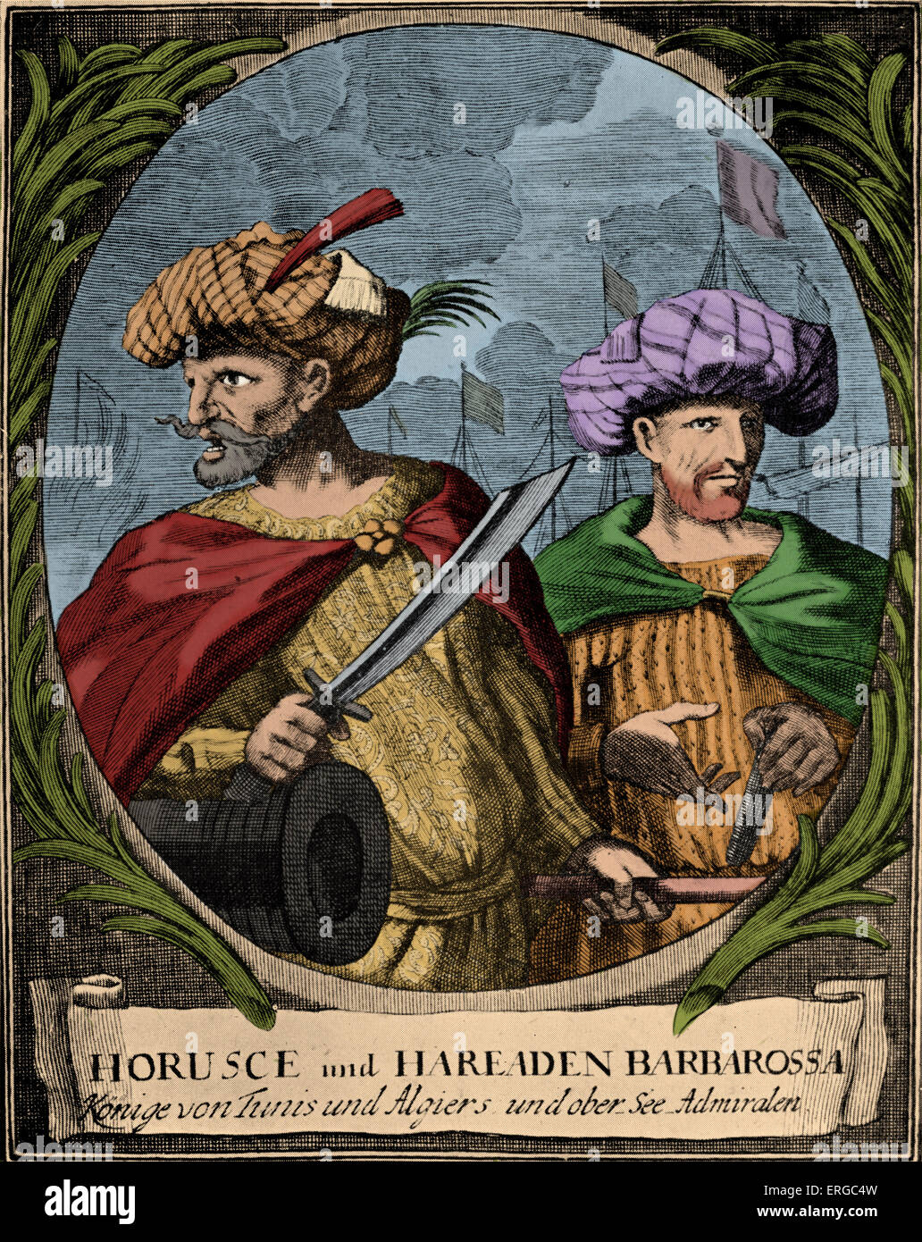 Khizr and Aruj Barbarossa ( Kheyr-Ed-Din Barbarossa / Hayreddin Barbarossa or Barbarossa Hayreddin Pasha. (Barbarossa means Stock Photo