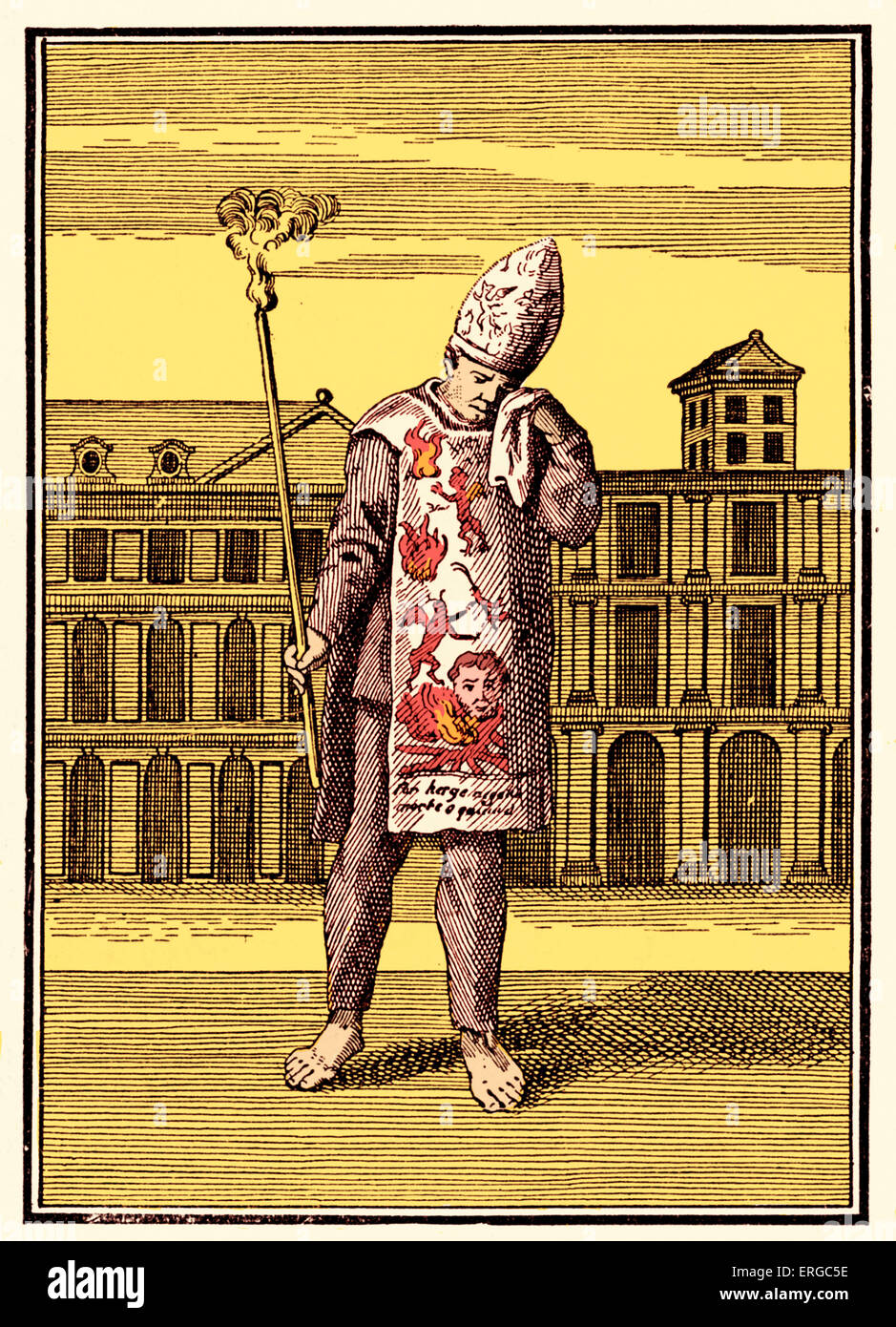 Sanbenito (sambenito)- a penitential garment worn  during the Spanish Inquisition (after Picart)  . The tunic of yellow cloth Stock Photo