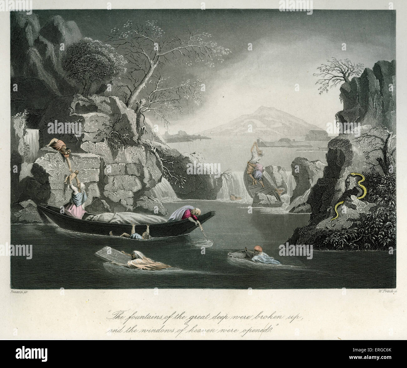 The beginning of the flood. Caption reads ' The fountains of the great deep were broken up, and