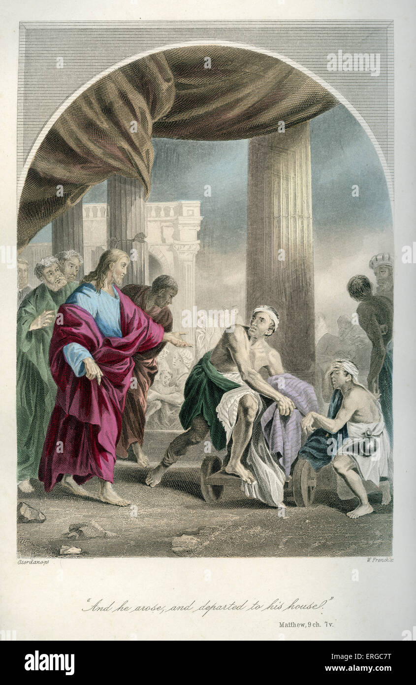 Jesus heals a man of palsy in Capernaum. Caption reads: ' And he awoke and departed to his house. ' Matthew 9, verse 7. After an engraving by W French. Stock Photo