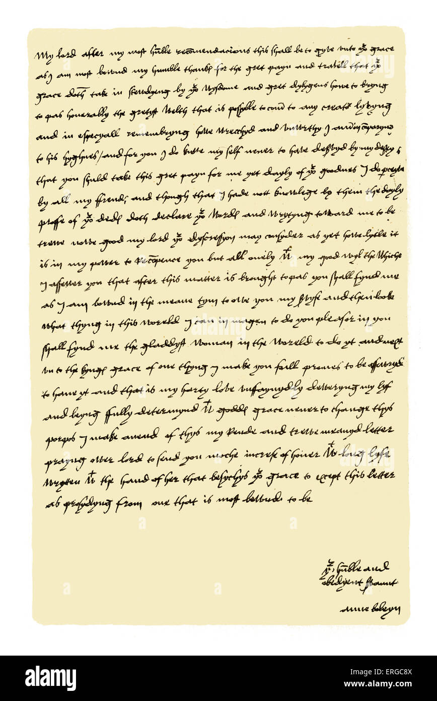 Autograph: Queen Anne Boleyn,  Letter to Cardinal Wolsey, thanking him for promoting her marriage with Henry VIII. Without date Stock Photo