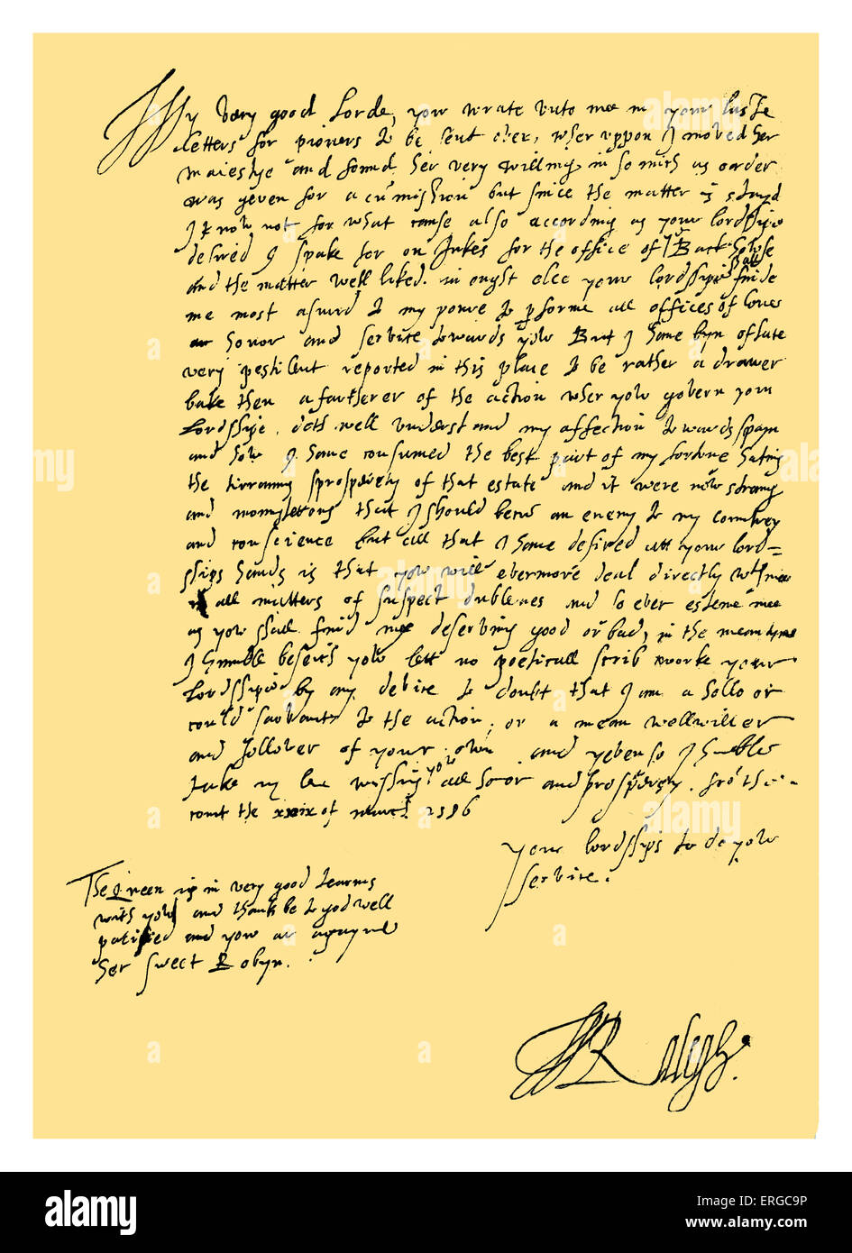Autograph: Letter from Sir Walter Ralegh to Robert Dudley, Earl of Leicester concerning his execution of commissions to send Stock Photo