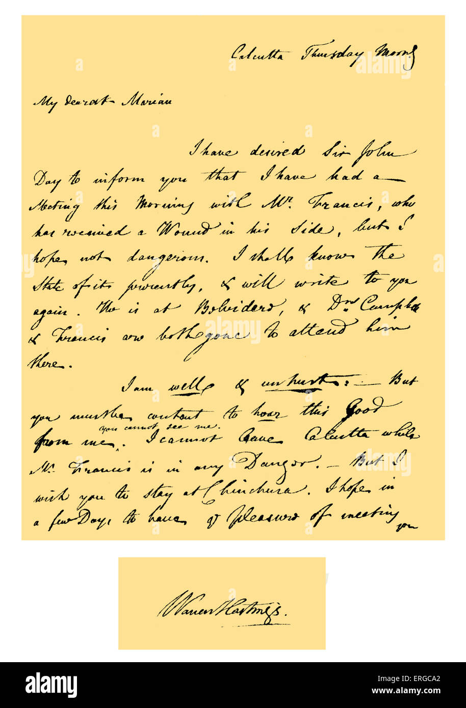 Autograph: Letter from Warren Hastings, Governor-General of Bengal, to his wife. He informs her of his duel with Philip Francis, a member of the council in Calcutta on the morning of Thursday, 17 August 1780. Detached signature: Warren Hastings (taken from another letter to his wife in the same volume). First Governor-General of India, 6 December 1732 – 22 August 1818. Source: British Museum. Stock Photo