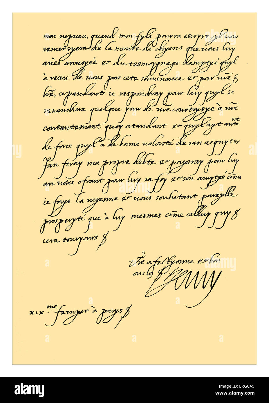 Autograph: Letter from Henry IV of France to Henry, Prince of Wales, thanking him on behalf of Dauphin, his son for a present of a pack of hounds. 19 February 1606. Signed: Henry IV. King of France, 13 December 1553 – 14 May 1610. Source: British Museum. Stock Photo