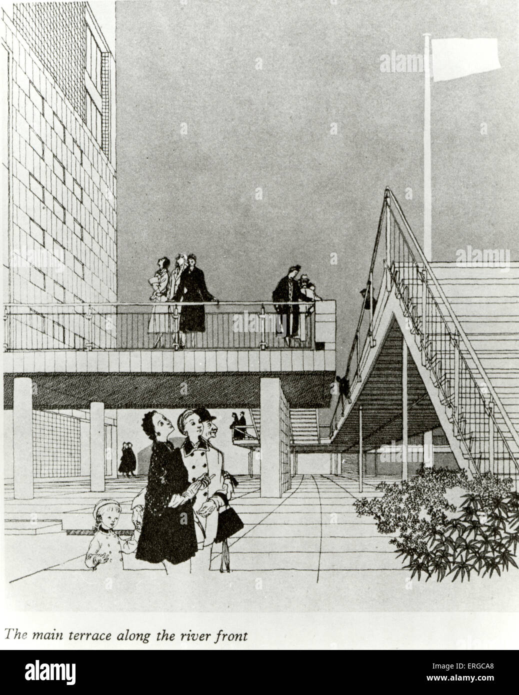 SOUTH BANK design  - c 1950 'The main terrace along the river front' - drawing for London arts centre Stock Photo