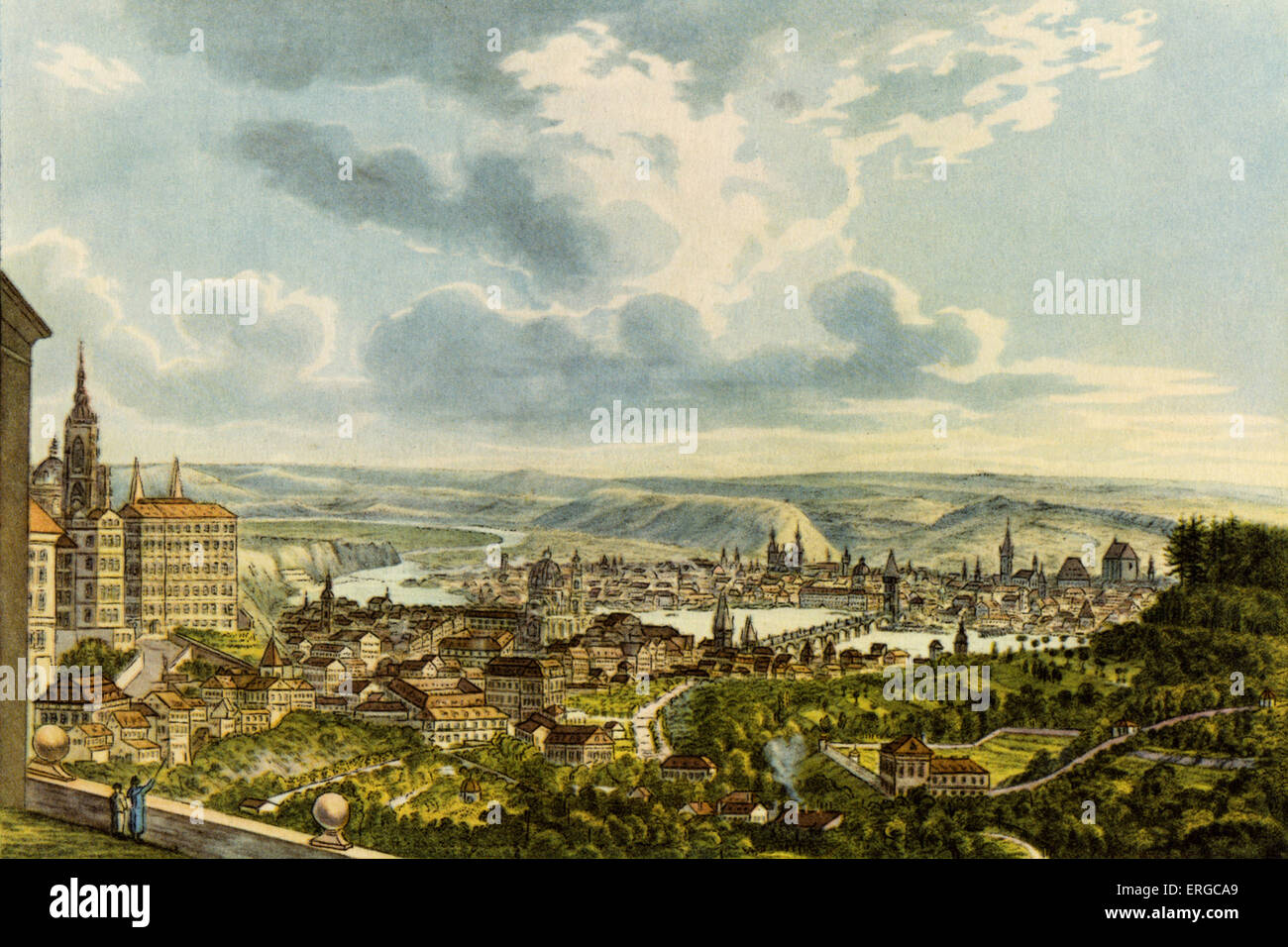 PRAGUE.  Wolfgang Amadeus Mozart time.   View of the city from Strahof by L. Peuckert. Stock Photo