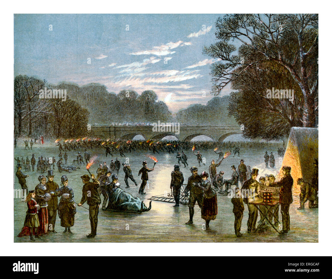 Entertainment on frozen Serpentine, 1 January 1870. Serpentine River, lake in Hyde Park, London. Stock Photo