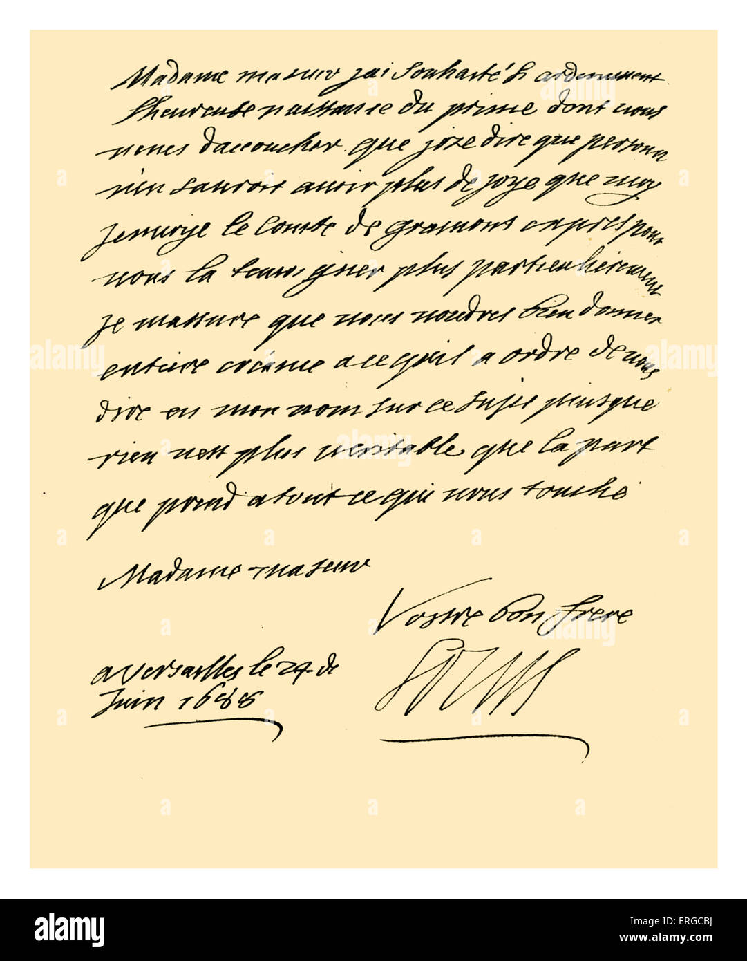 Autograph: Letter from Louis XIV of France to Mary of Modena, Queen of James II of Great Britain. Louis XIV congratulates Mary Stock Photo