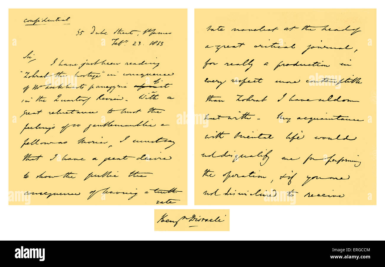 Autograph Letter from Benjamin Disraeli, written in 1837, before he entered parliament to