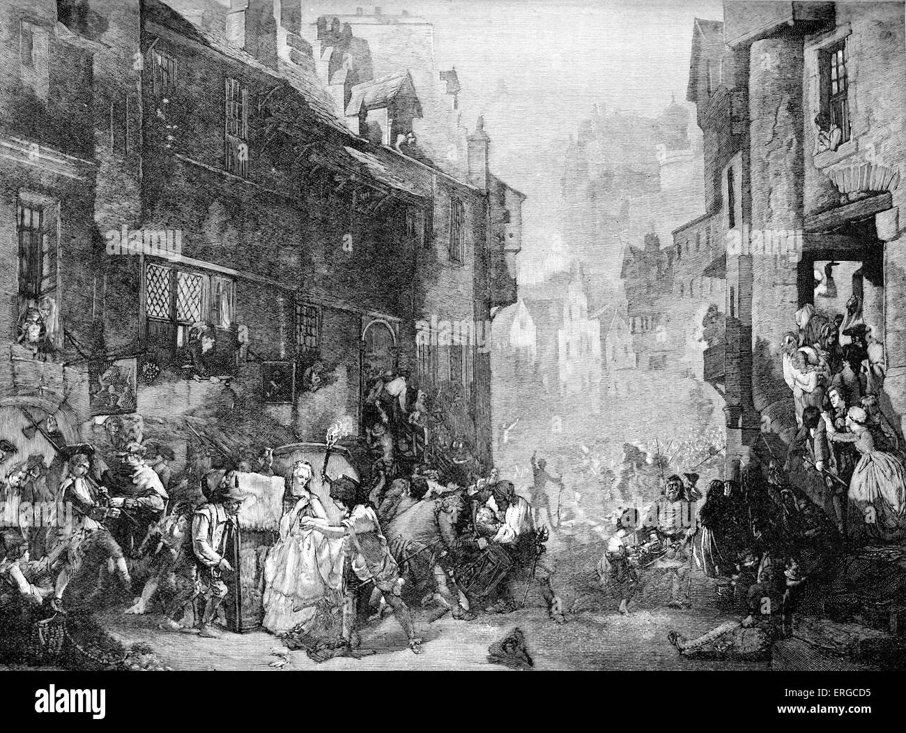 The Porteous Mob - after the painting by James Drummond. Depicts the Porteous Riots of 1736 in Edinburgh, Scotland. Crowds at Stock Photo