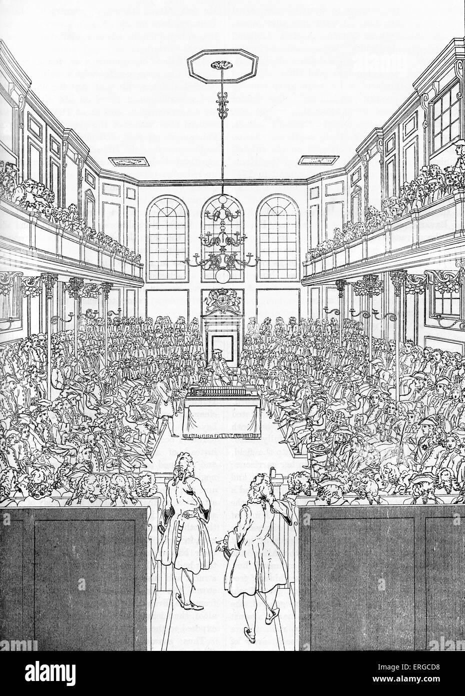 House of Commons in London, 1742 - interior. From a drawing by Gravelot engraved by W. J.White. House in session. Stock Photo