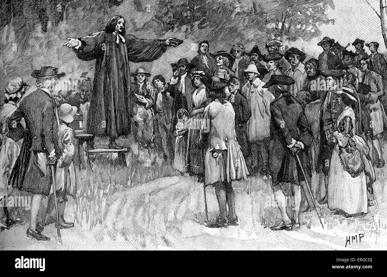 George Whitefield preaching. English Anglican priest and a founder of Methodism. Preached during the Great Awakening in 1700s in Europe and American colonies. 16 December 1714 – 30 September 1770. Stock Photo