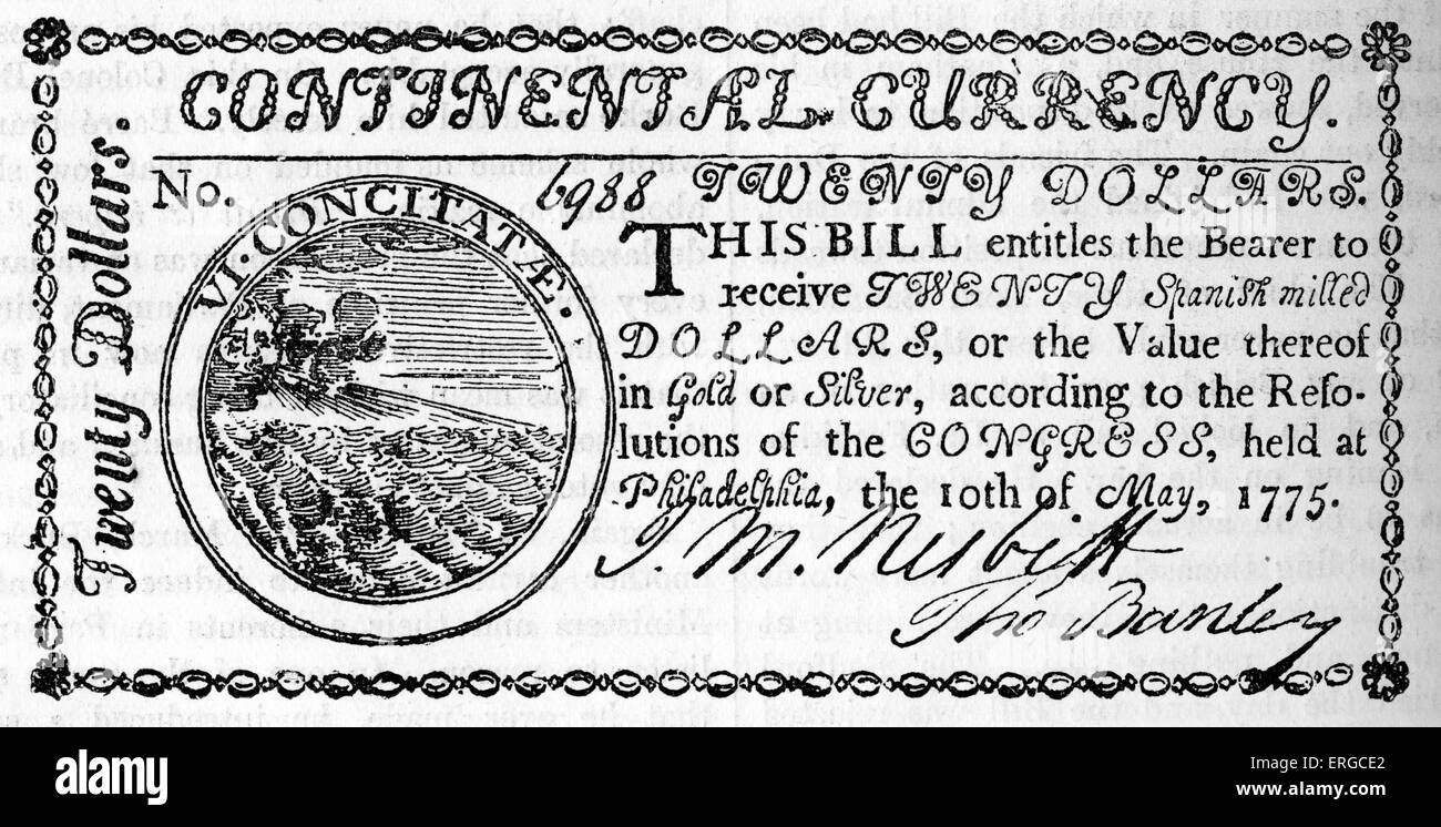 American twenty dollar bill, 1775. Stock Photo