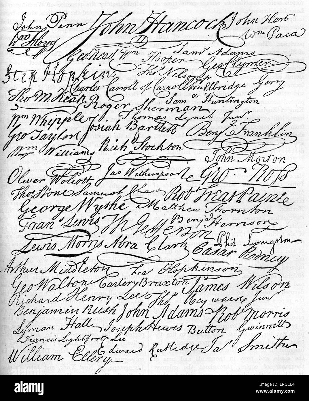 Signatures to the Declaration of American Independence, 4 July 1776. Showed that the 13 American colonies considered themselves Stock Photo