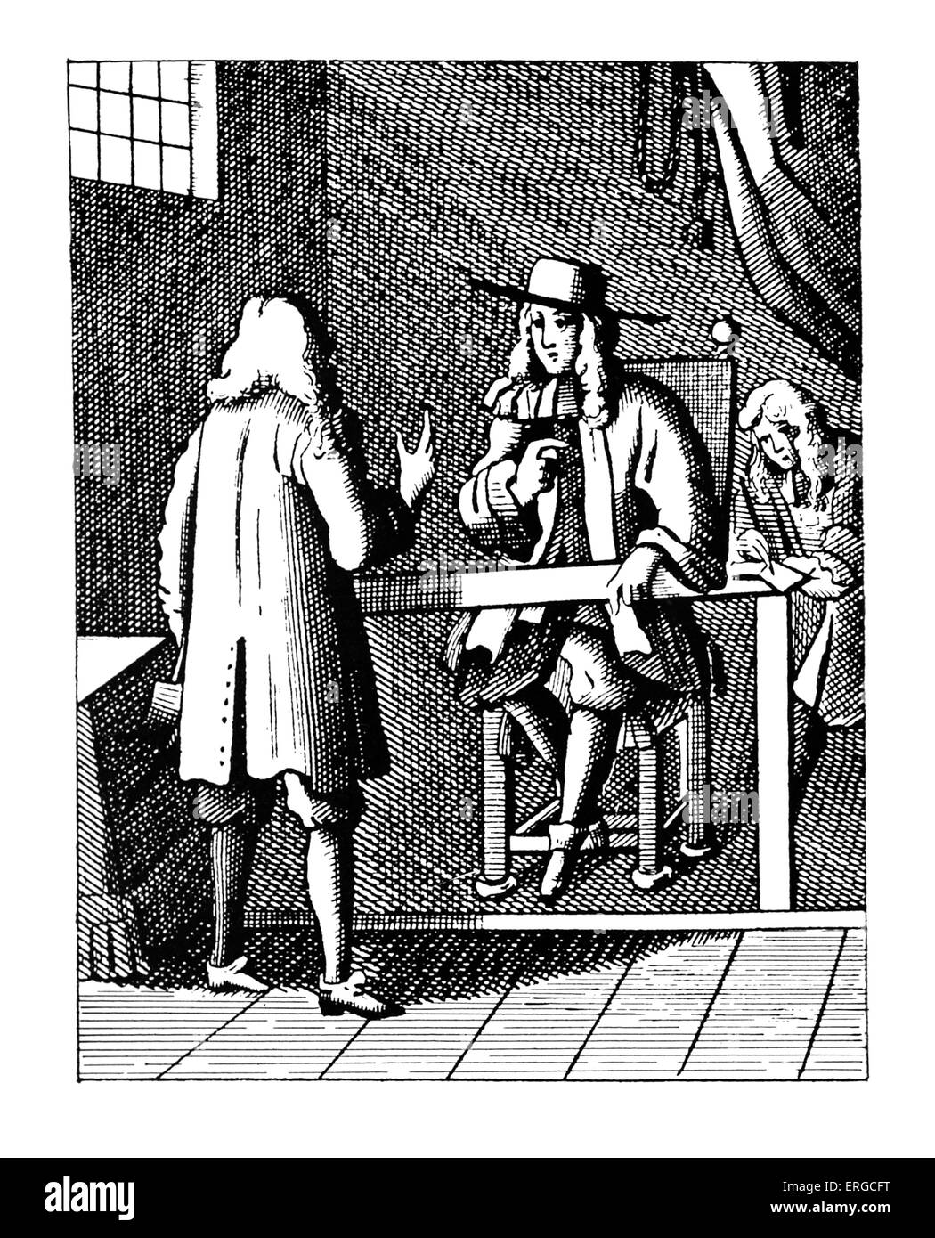 Sir Edmund Godfrey taking the testimony of Titus Oates . From a playing card of 1679. In 1678, Oates accused the Roman Catholic Stock Photo