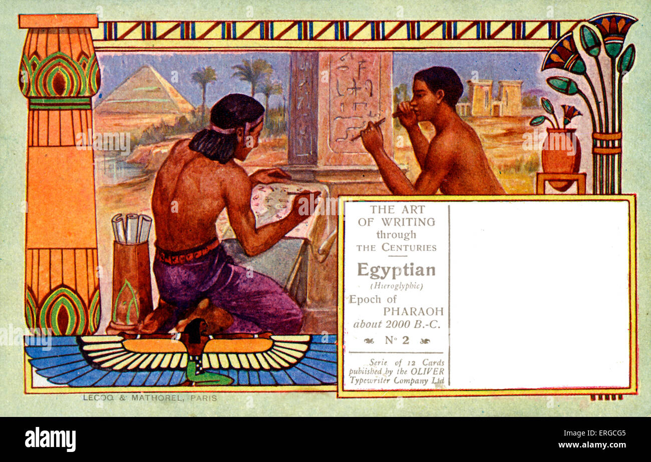 The Art of Writing through the Centuries - Egyptian hieroglyphs from c. 2000 BC. Series of cards published by Oliver Typewriter Company Ldt (No 2 of 12). American typewriter manufacturer with headquarters in Chicago, Illinois. Early 20th century. Stock Photo
