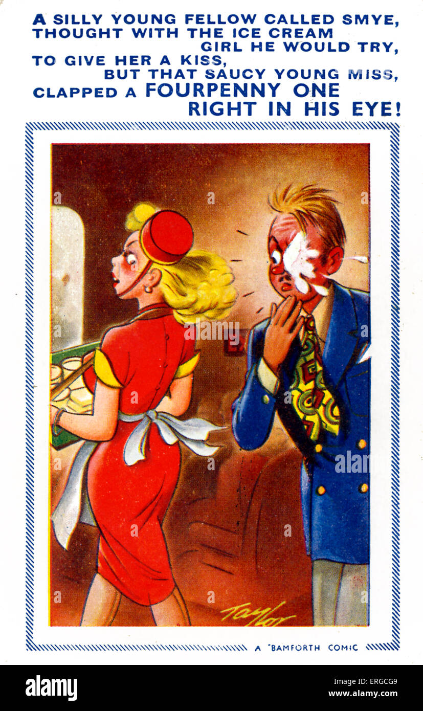 British humorous postcard - 1950s. With limerick: 'A silly young fellow called Smye/ Thgoutyh with ice cream girl he would try/ Stock Photo