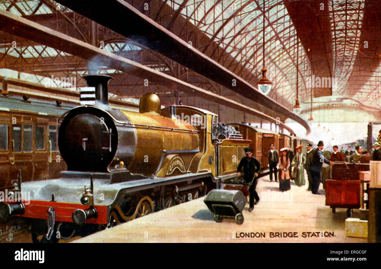 London Bridge Station. Locomotive has pulled into the station and porter  wheels away luggage. Illustration by Gilette Stock Photo - Alamy