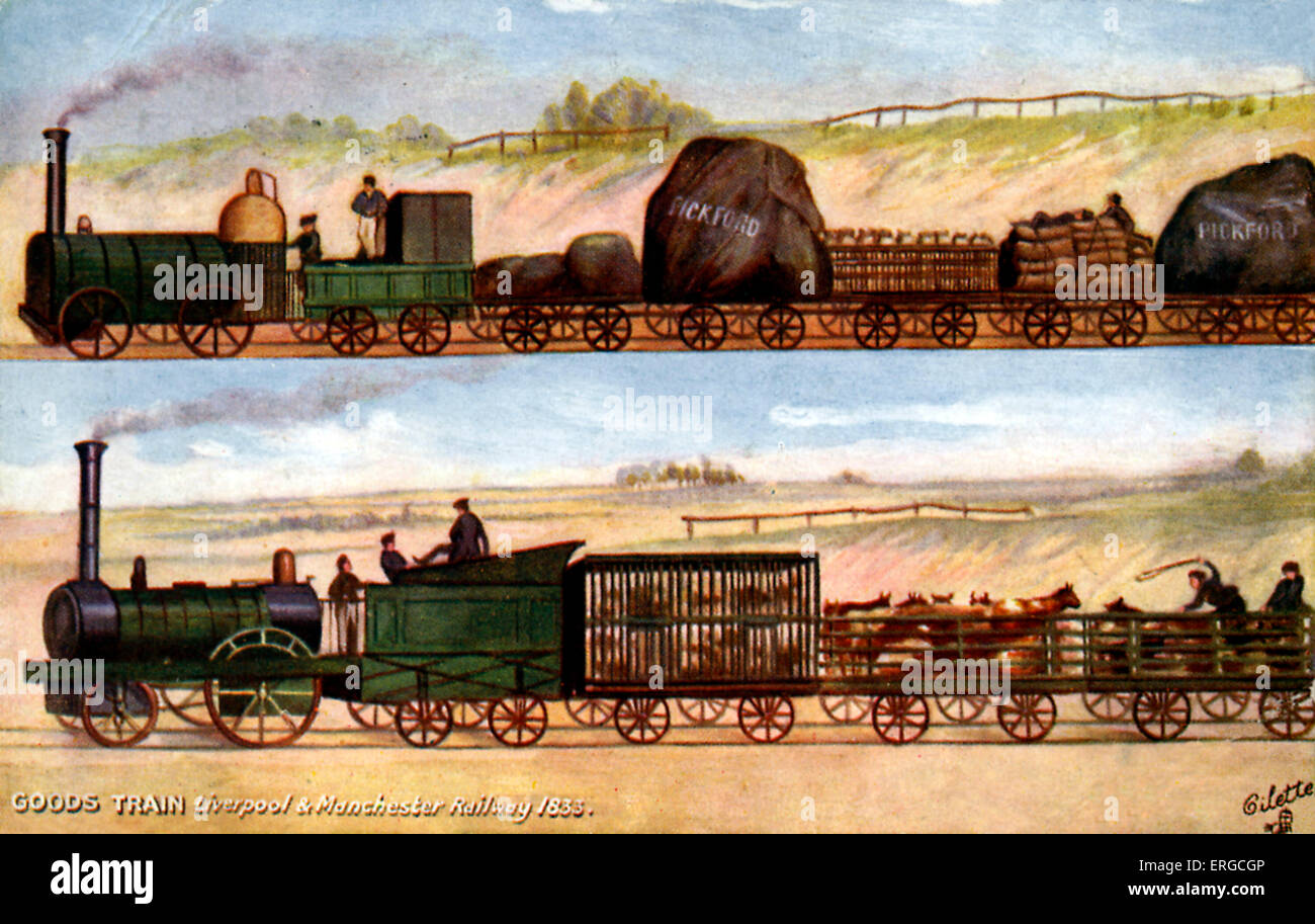 Goods train, Liverpool and Manchester Railway 1833. Early history of the railways. Stock Photo
