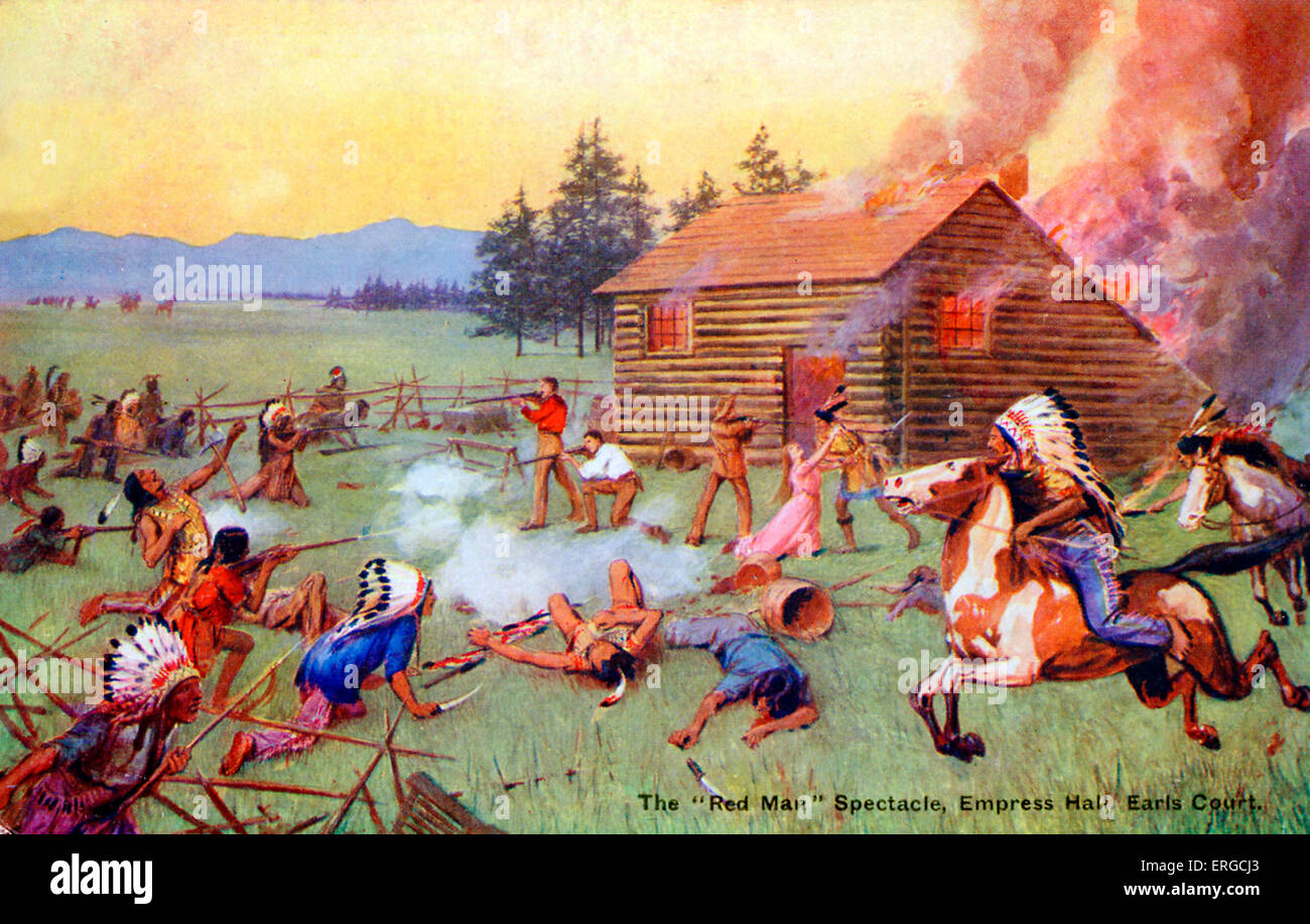 American Indians attacking English settlers. Postcard from the 'Red Man Spectacular', a show / exhibition loosely about American Indians, Earl's Court, 1909. Stock Photo