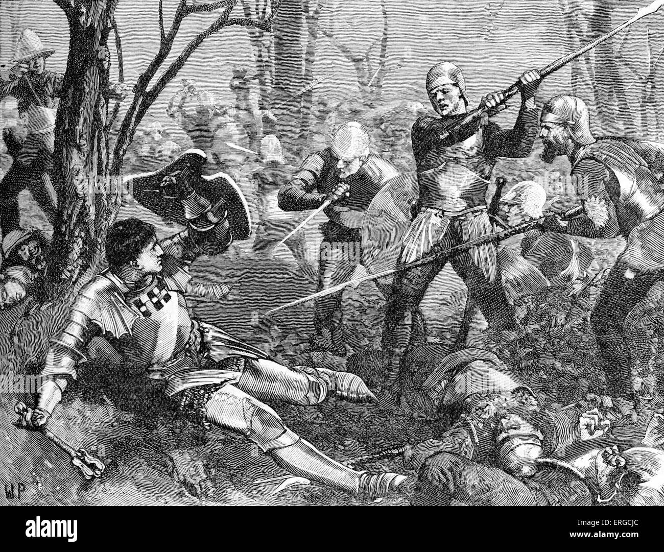 Battle of Barnet : death of Richard Neville 16th earl of Warwick. From 19th century engraving. Caption: 'Battle of Barnet: Death Stock Photo