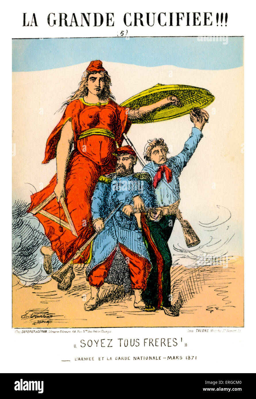 The 1871 Paris Commune - caricature. Government that ruled France March 18 - May 28 1871. Personfication of France walknig Stock Photo