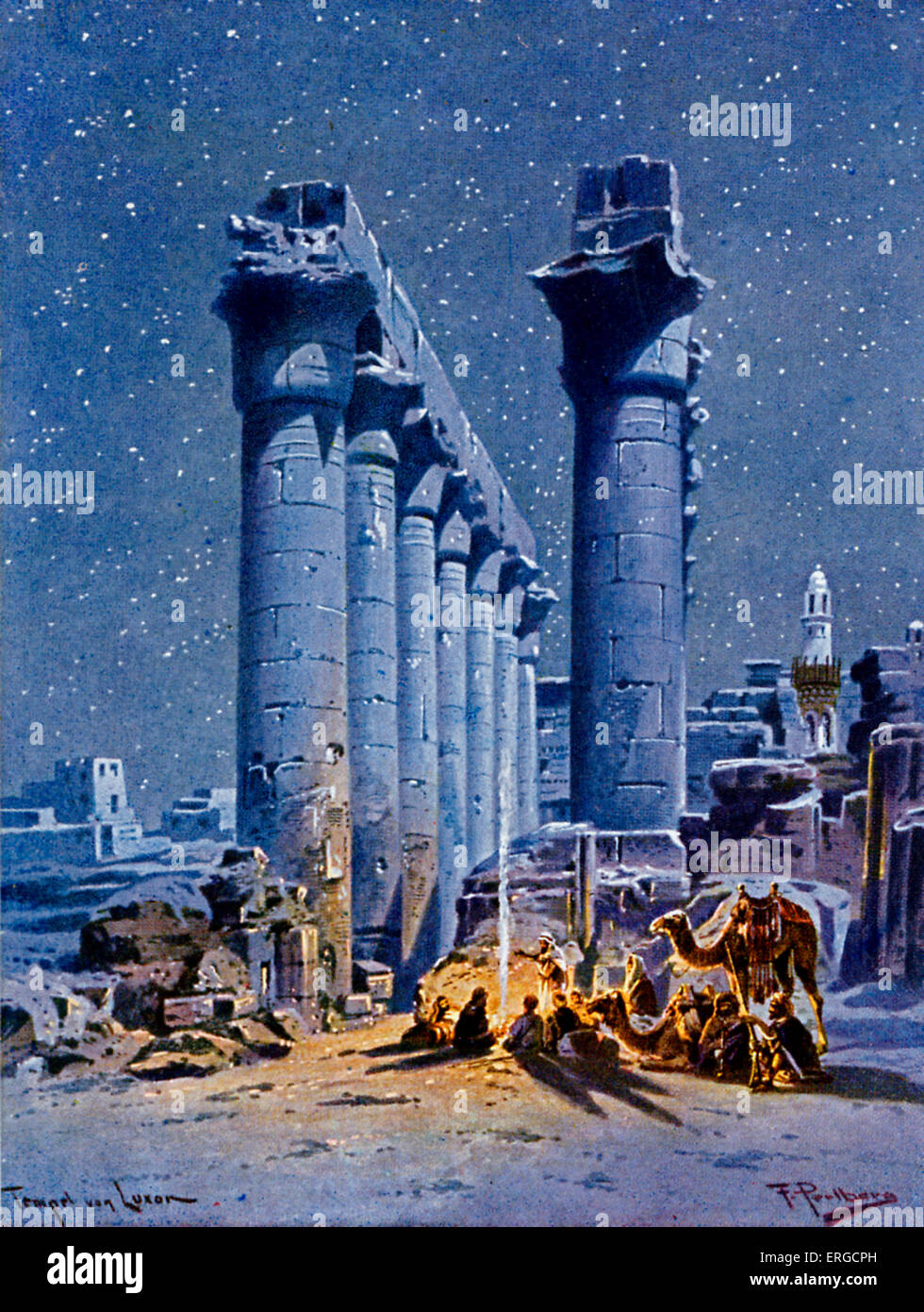 Remains of Temple in Luxor, Egypt. Illustration by Friedrich Perlberg Stock Photo