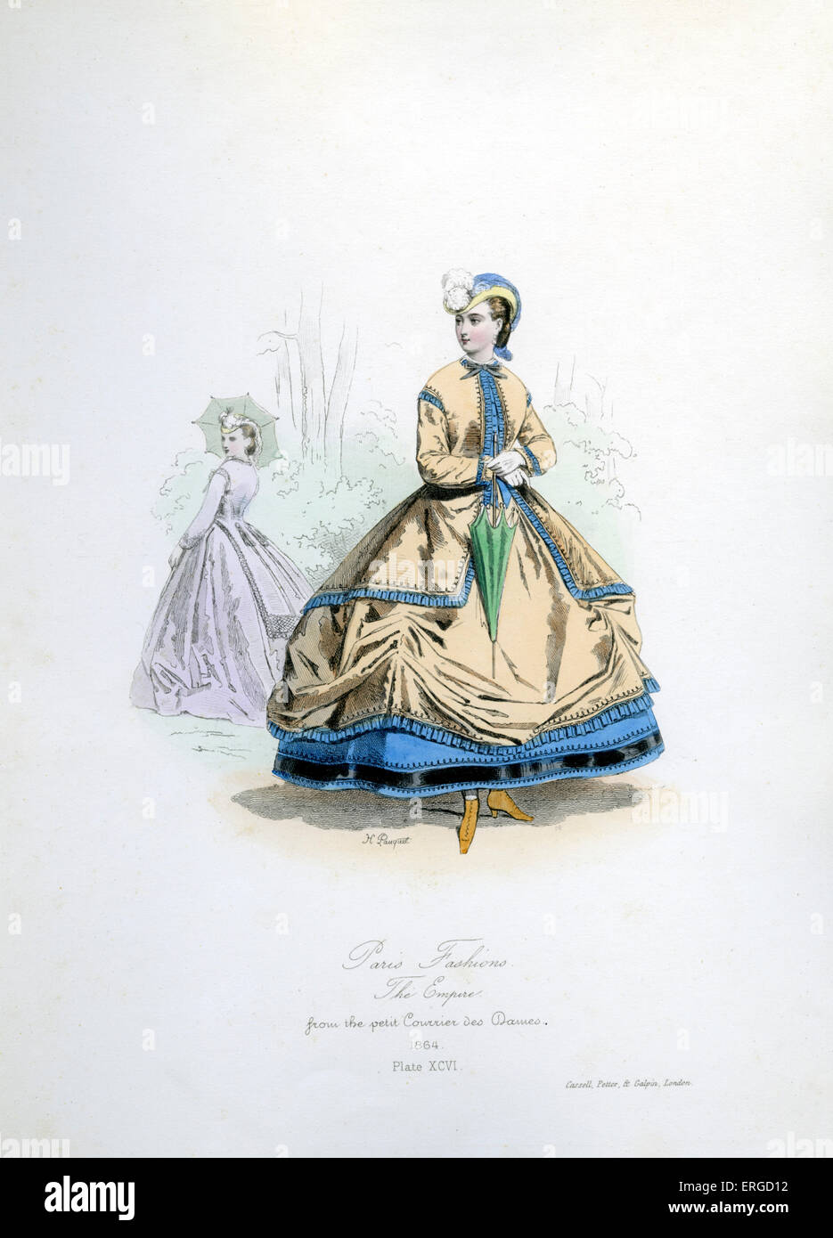 Paris Fashions at the time of the Second Empire, 1864 - from engraving by Hippolyte Pauquet from the petit Courrier des Dames. Stock Photo