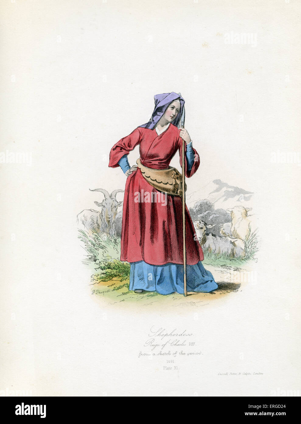 Shepherdess, 1491, during reign of Charles VIII of France.  From engraving by Polidor Pauquet after a sketch of the period. Stock Photo