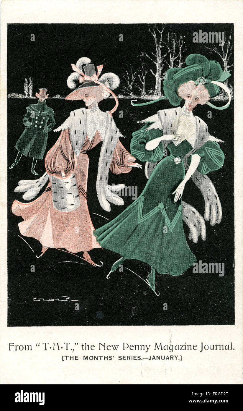 T.A.T the New Penny Magazine Journal advertisement. Depicts two women and one man ice-skating on a frozen lake, c.1900s, caption reads: 'From 'T.A.T.' the New Penny magazine Journal (the months' series - January)'. Stock Photo